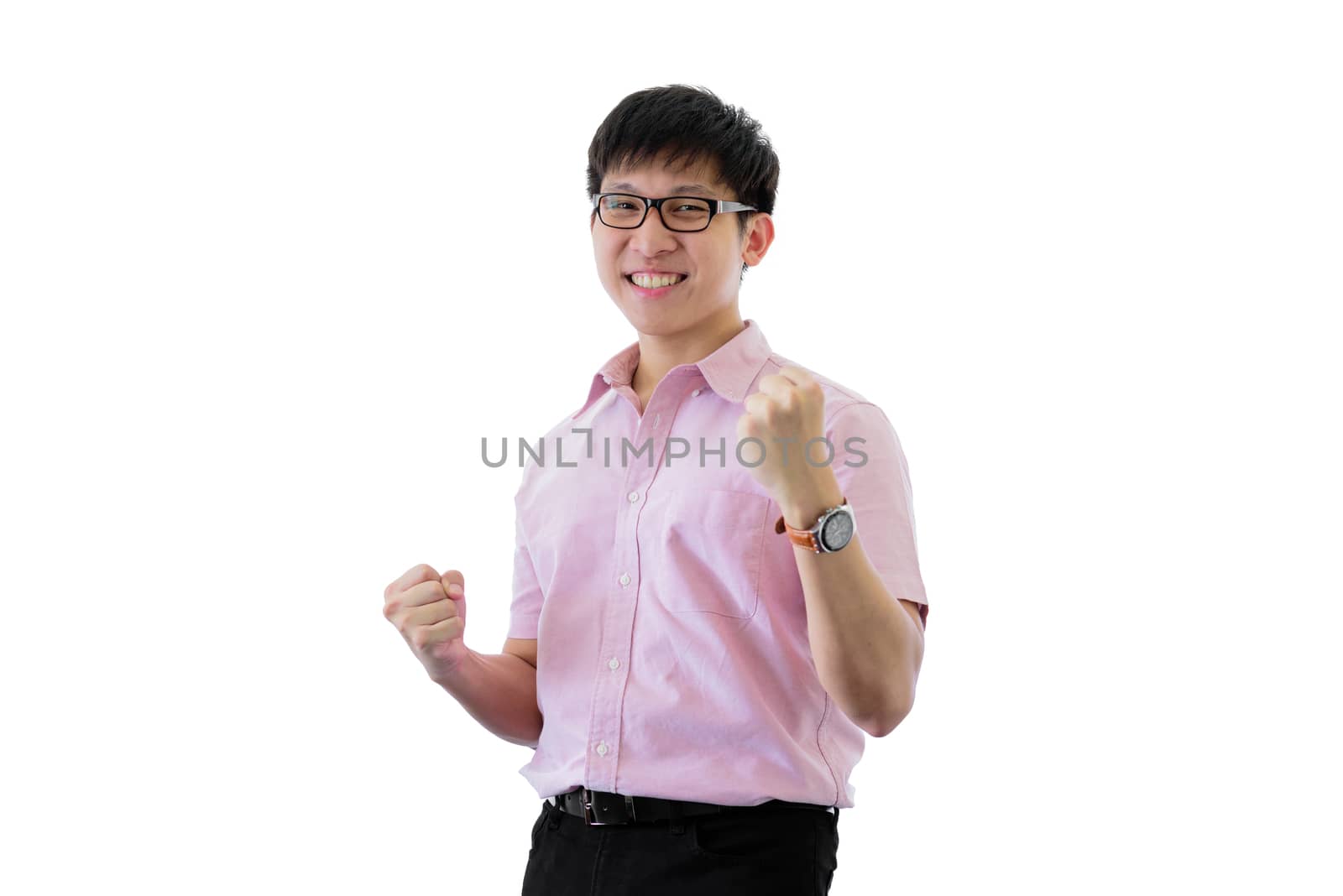 Asian young businessman has standing with cheerful on isolated o by animagesdesign