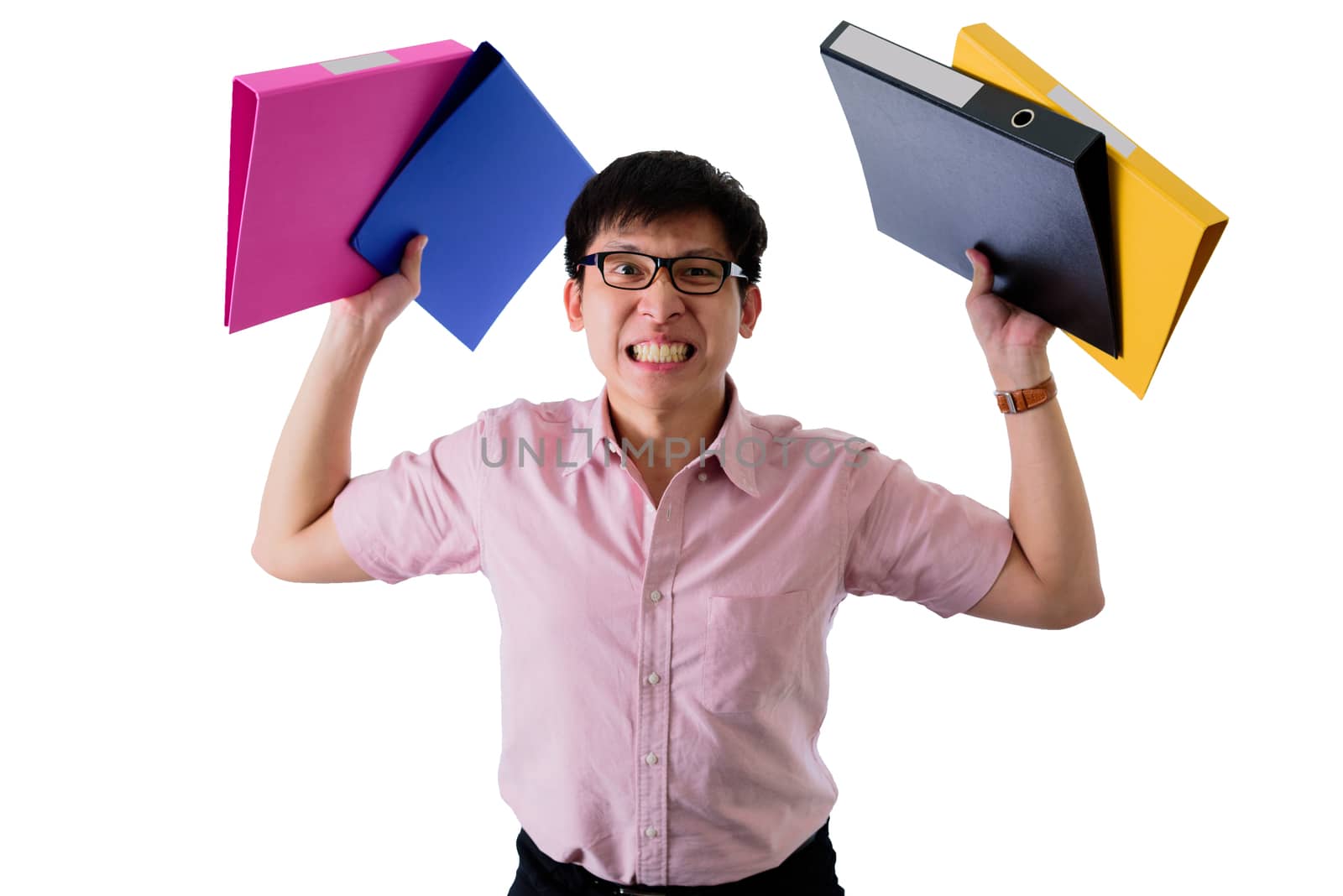 Asian young businessman has standing and holding many documents and folders with upset on isolated on wihte background.