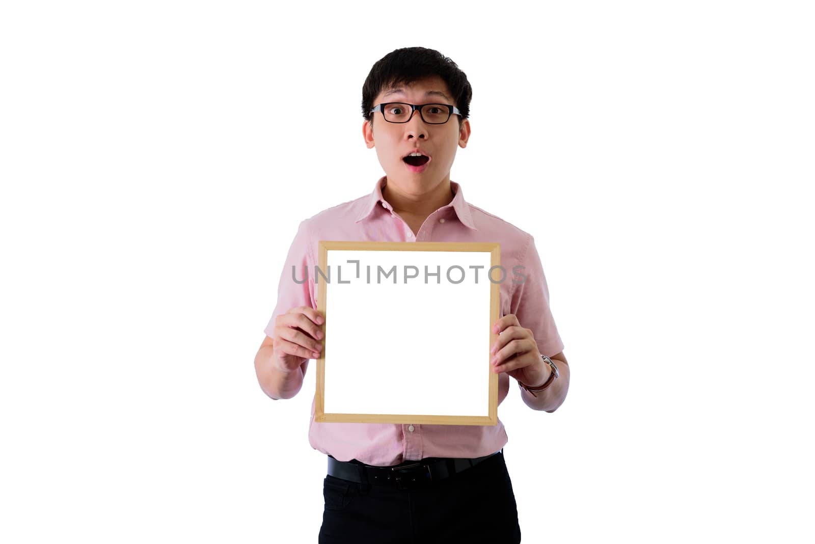 Asian young businessman has standing and holding the blank white screen board with surprised on isolated on wihte background.