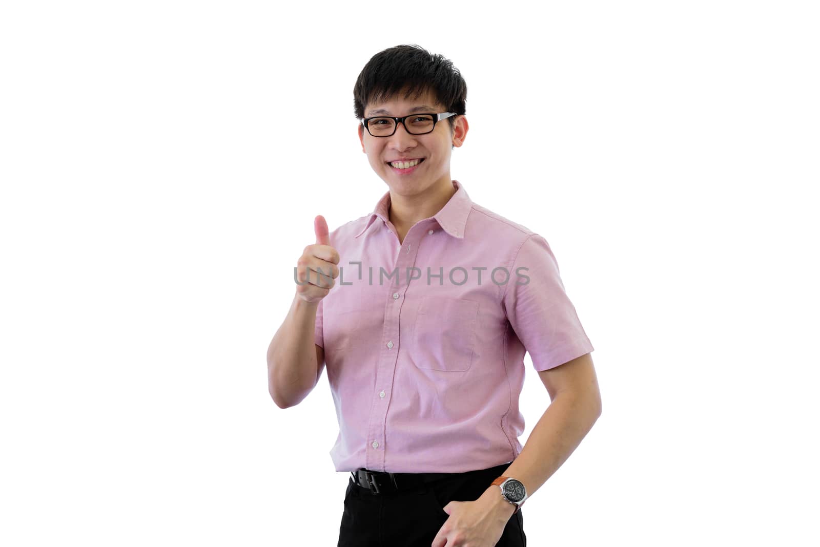 Asian young businessman has standing with thumbs up on isolated  by animagesdesign