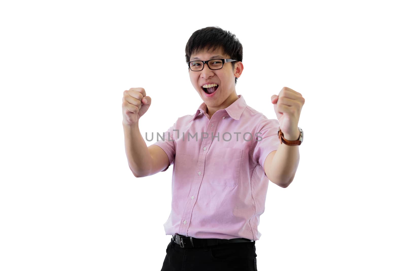 Asian young businessman has standing with cheerful on isolated on wihte background.