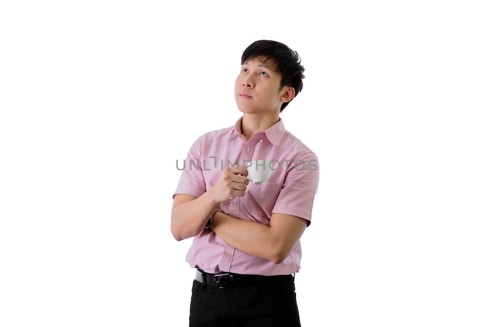 Asian young businessman has standing and planning for business goal with a cup of coffee on isolated on wihte background.