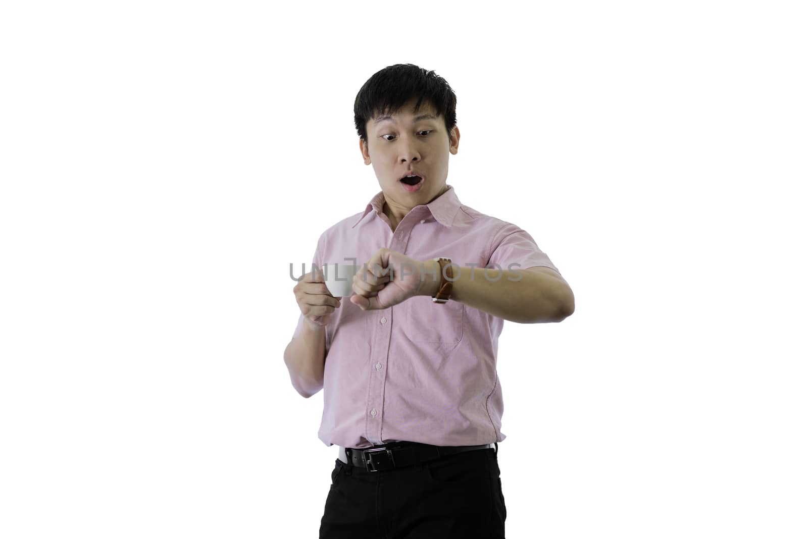 Asian young businessman has standing and check working time with shocked on isolated on wihte background.