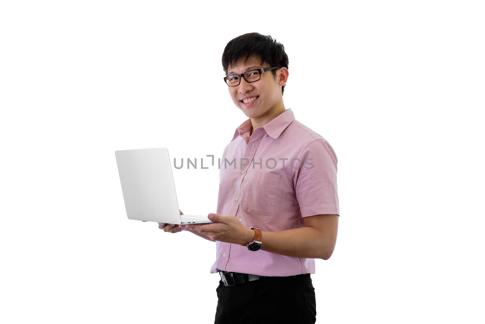 Asian young businessman has standing and laptop holding for working with happy on isolated on wihte background.