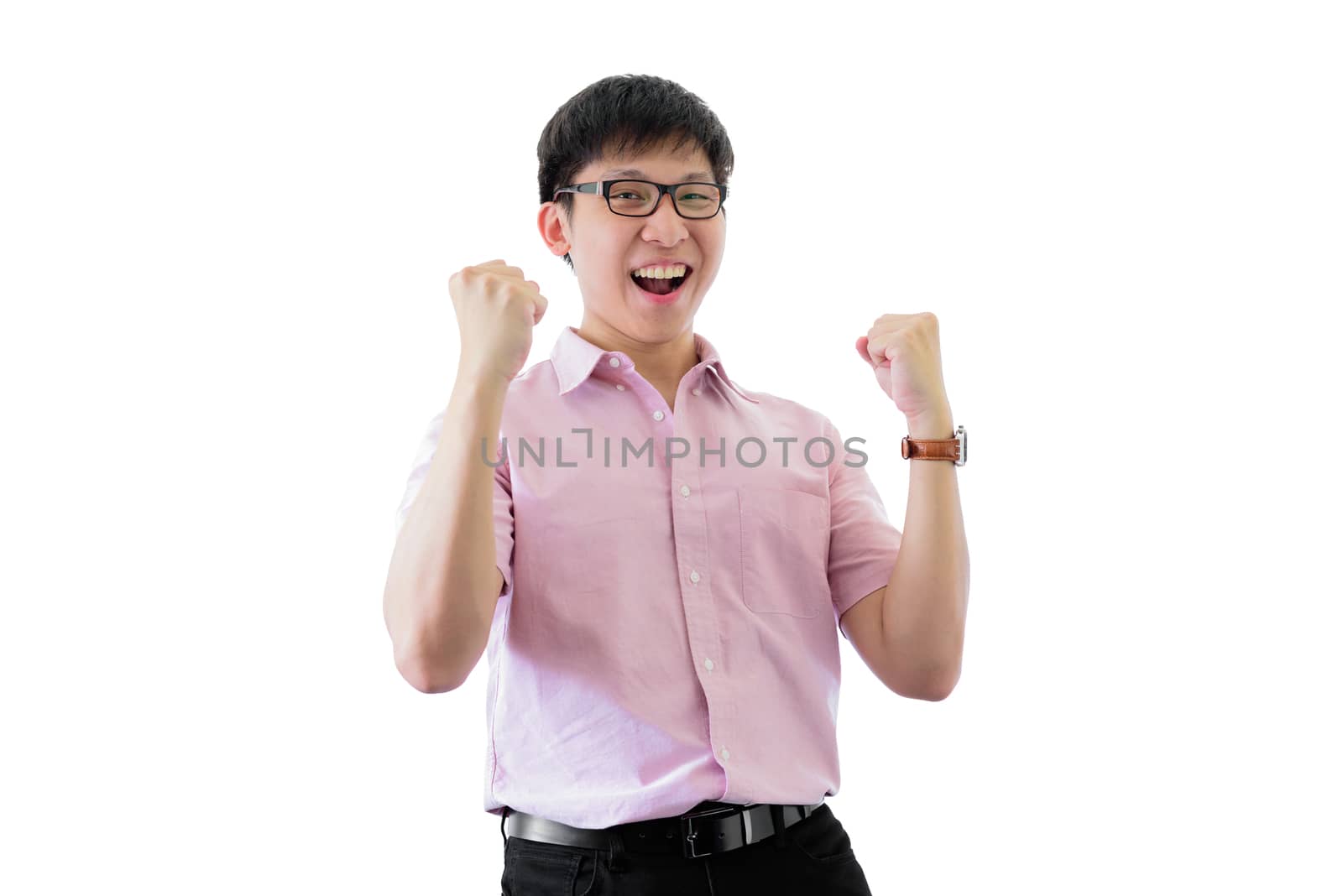 Asian young businessman has standing with cheerful on isolated o by animagesdesign