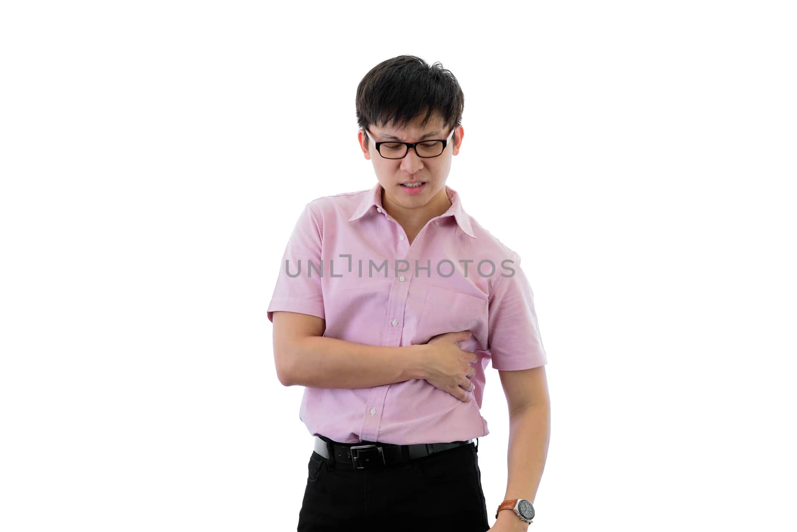 Asian young businessman has standing with stomachache on isolate by animagesdesign