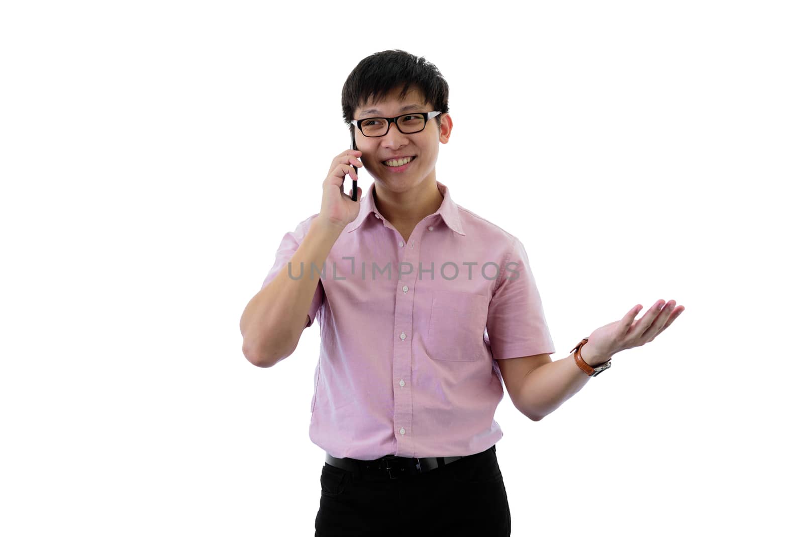 Asian young businessman has standing and talking for business goal with happy on isolated on wihte background.