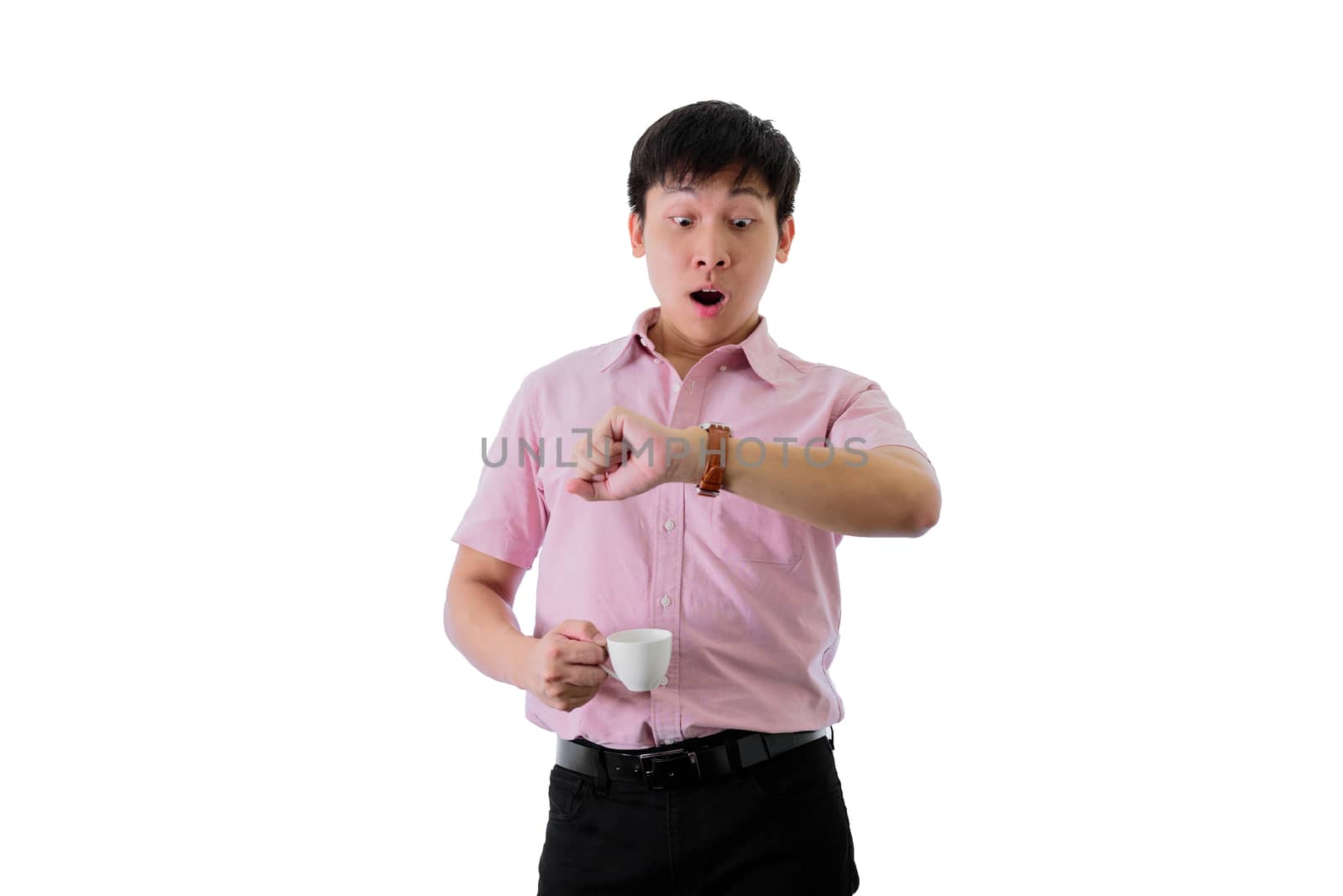 Asian young businessman has standing and check working time with by animagesdesign