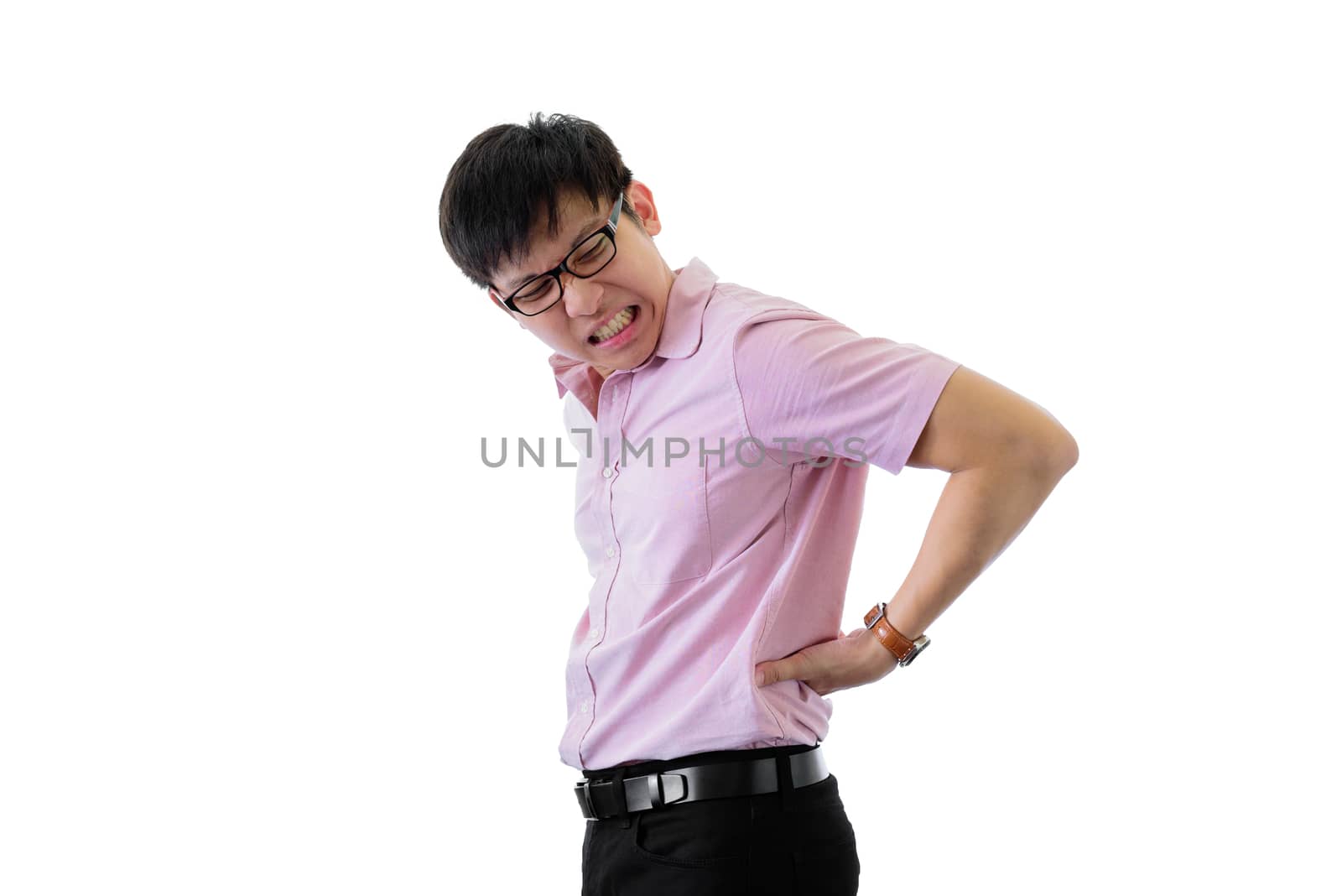 Asian young businessman has standing with backache on isolated o by animagesdesign