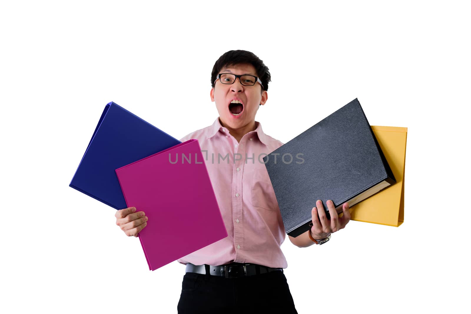 Asian young businessman has standing and holding many documents  by animagesdesign