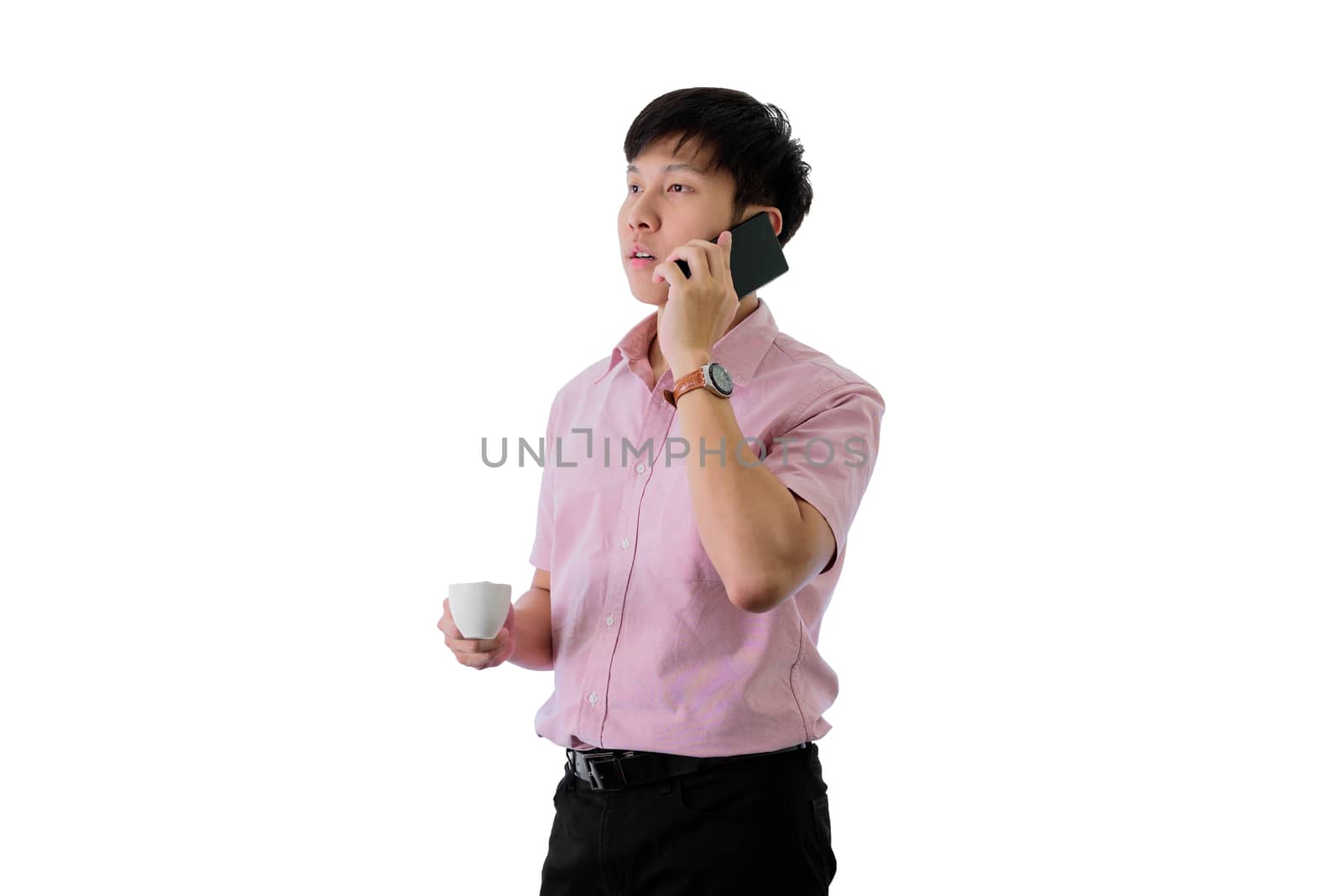 Asian young businessman has standing and talking phone for worki by animagesdesign