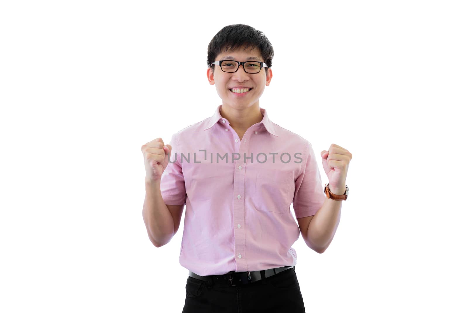 Asian young businessman has standing with cheerful on isolated on wihte background.