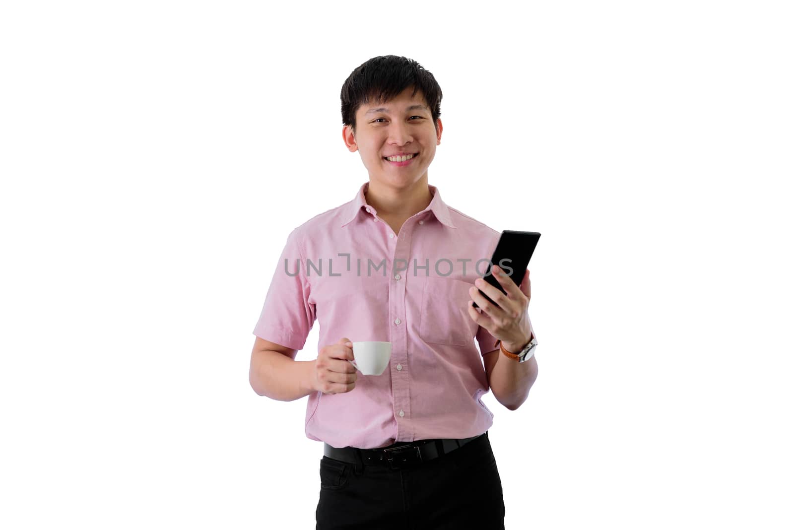 Asian young businessman has standing and working with a cup of coffee on isolated on wihte background.