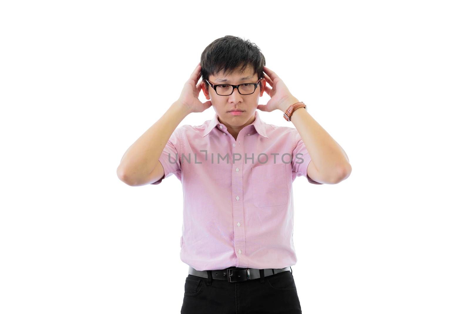 Asian young businessman has standing with depression feeling on  by animagesdesign