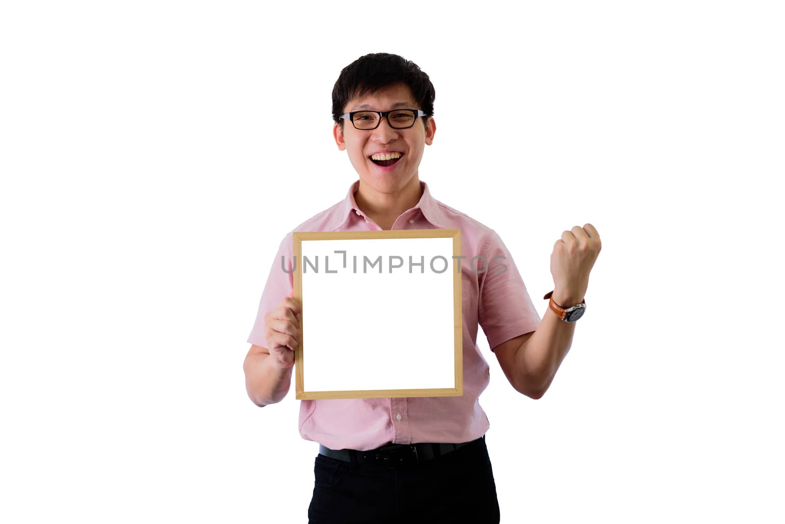 Asian young businessman has standing and holding the blank white screen board with happy on isolated on wihte background.