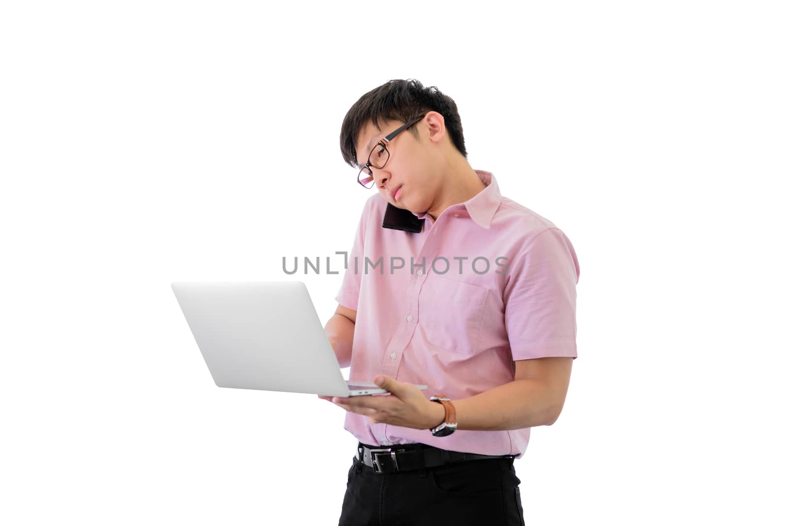 Asian young businessman has standing and  holding phone and laptop for working with busy on isolated on wihte background.