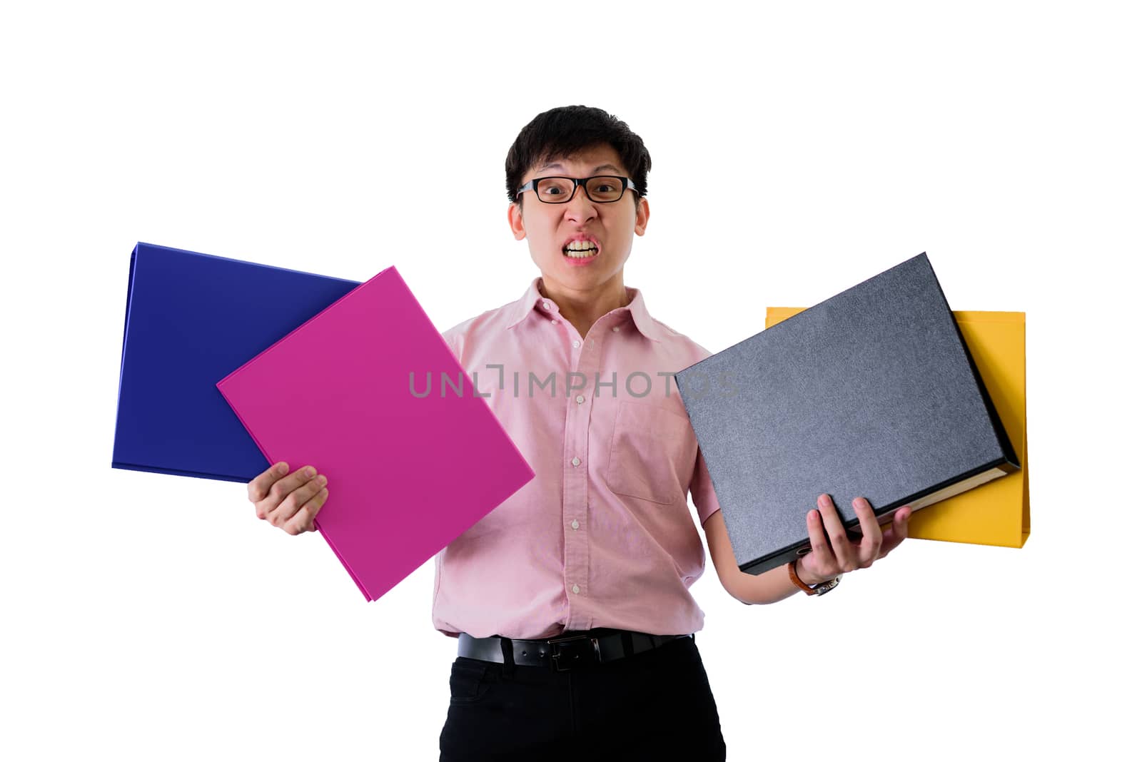 Asian young businessman has standing and holding many documents and folders with upset on isolated on wihte background.