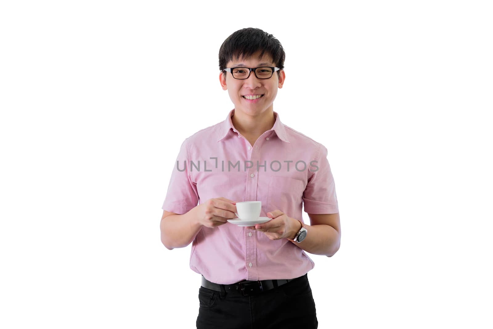 Asian young businessman has standing and drinking a cup of coffe by animagesdesign