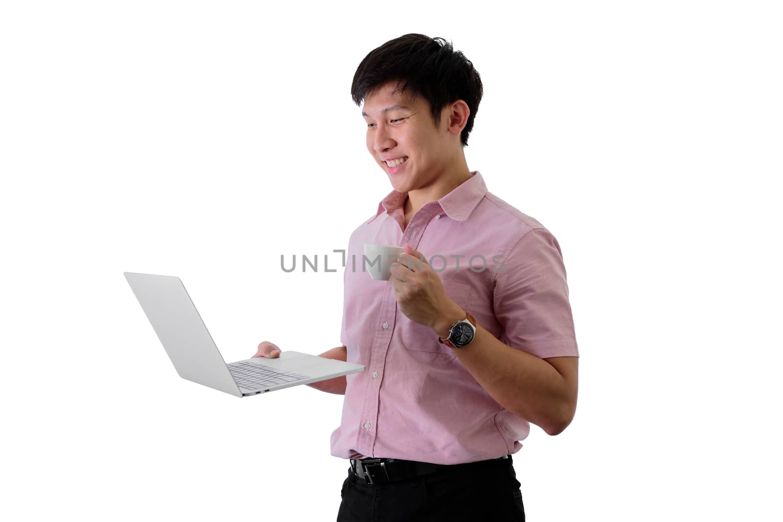 Asian young businessman has standing and working with a cup of c by animagesdesign