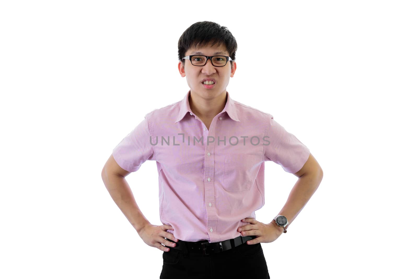 Asian young businessman has standing with upset on isolated on wihte background.