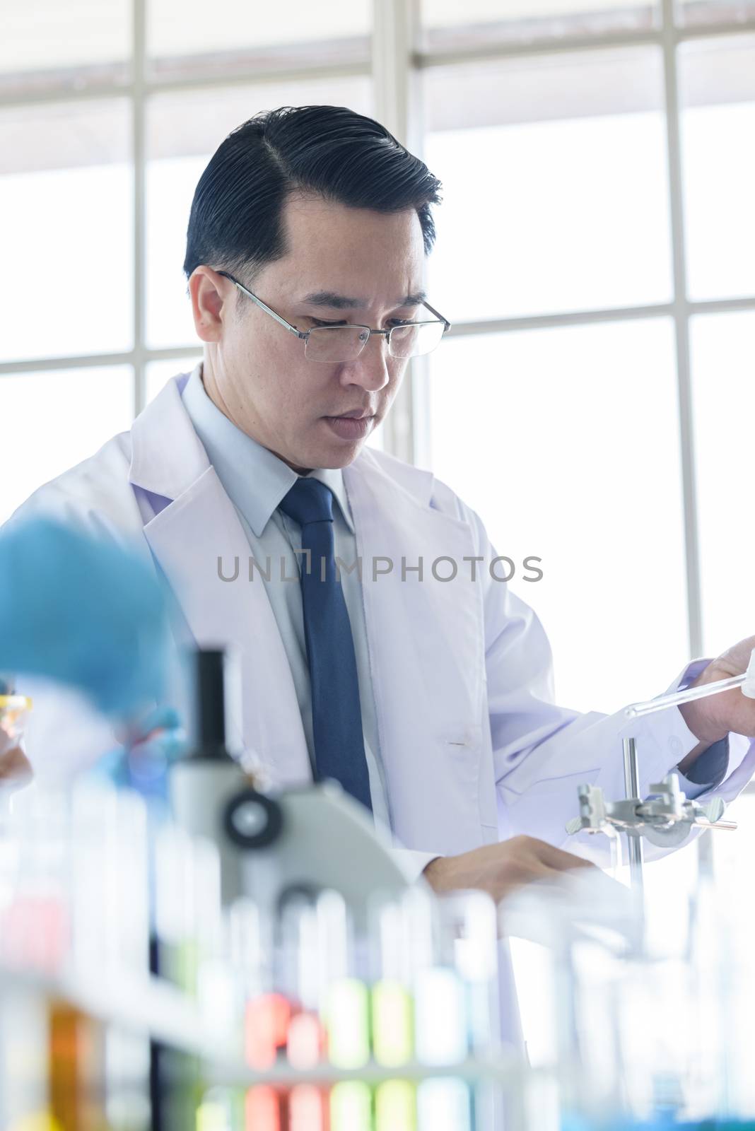 Asian senior scientist researching and learning in a laboratory.