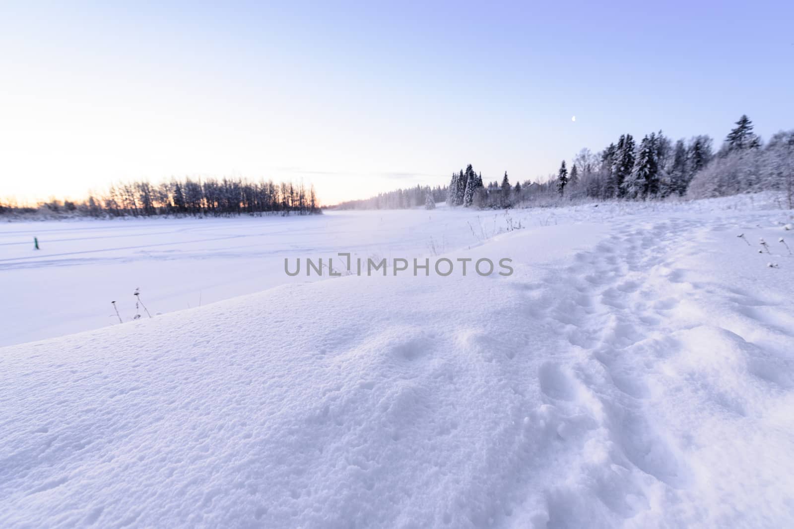 The ice lake and forest has covered with heavy snow and nice blue sky in winter season at Holiday Village Kuukiuru, Finland.