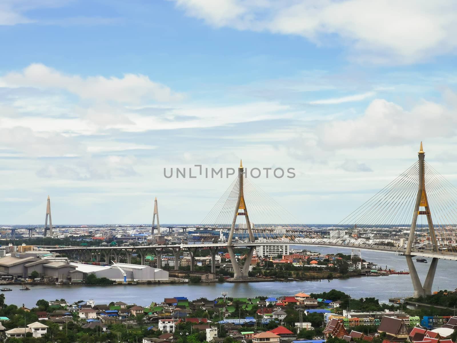 Bhumibol Bridge with river, cityscape view and cloudy blue sky in the morning.