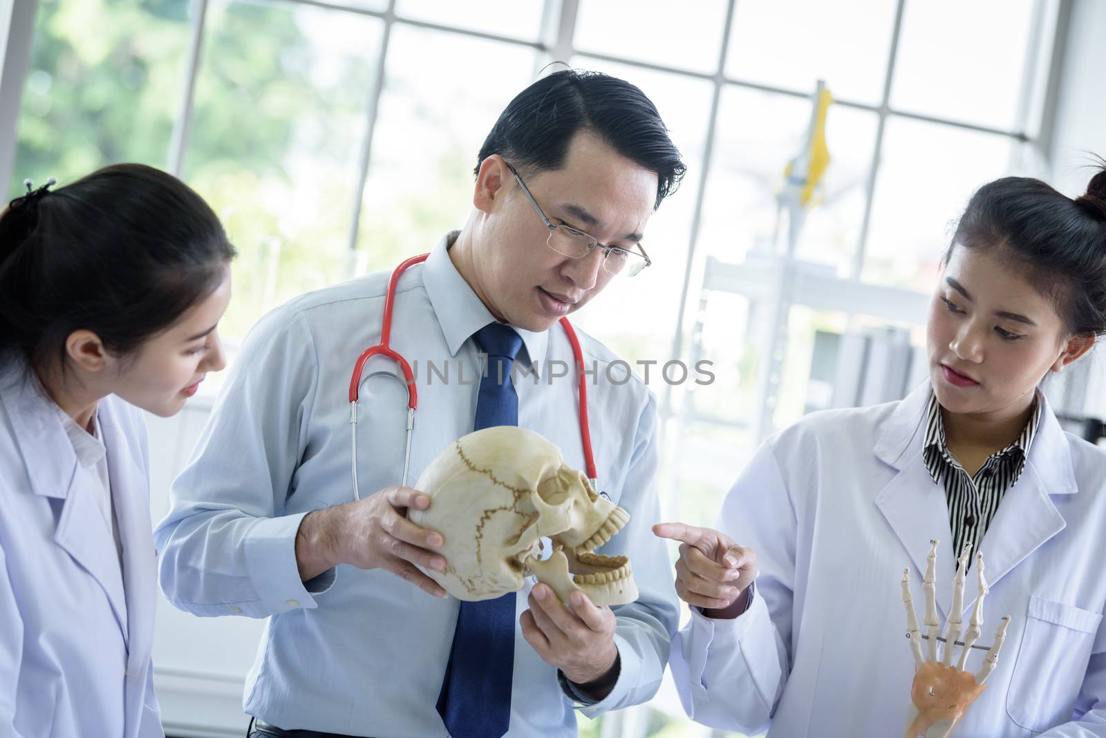 Asian teacher has teaching to student about science and anatomical in laboratory