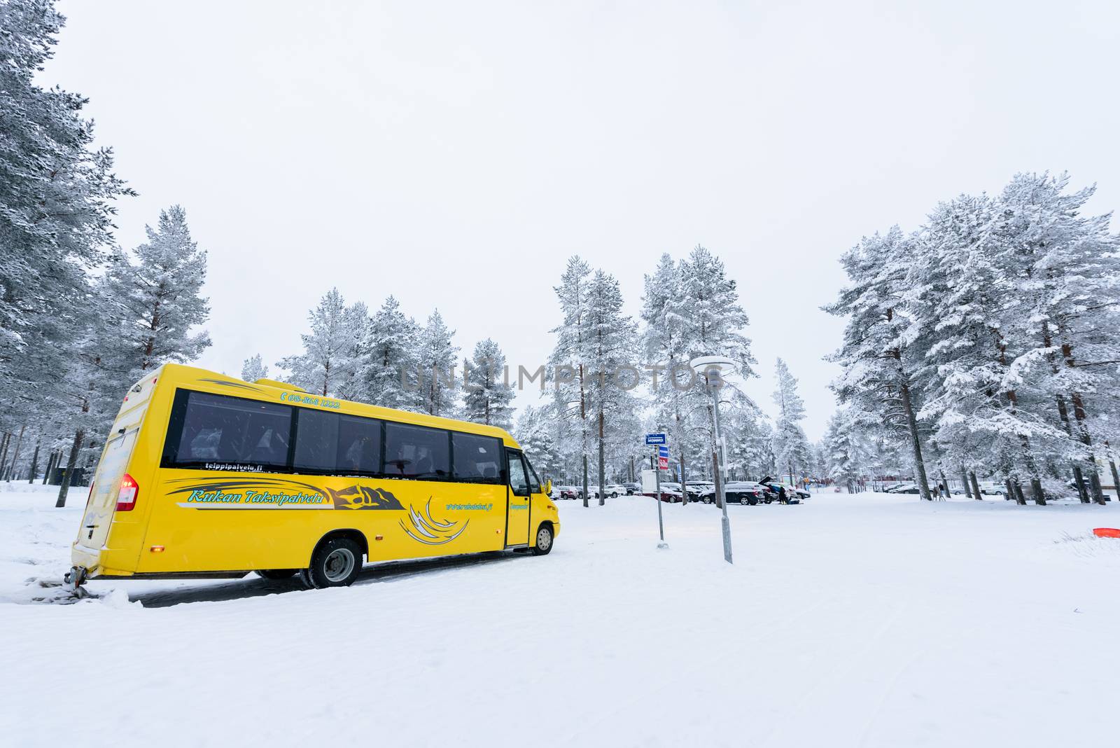 Editorial: Kuusamon City, Finland, 27th December 2018. Car park at Holiday Club Kuusamon Tropiikki with heavy snow in winter season at Kuusamon, Finland.