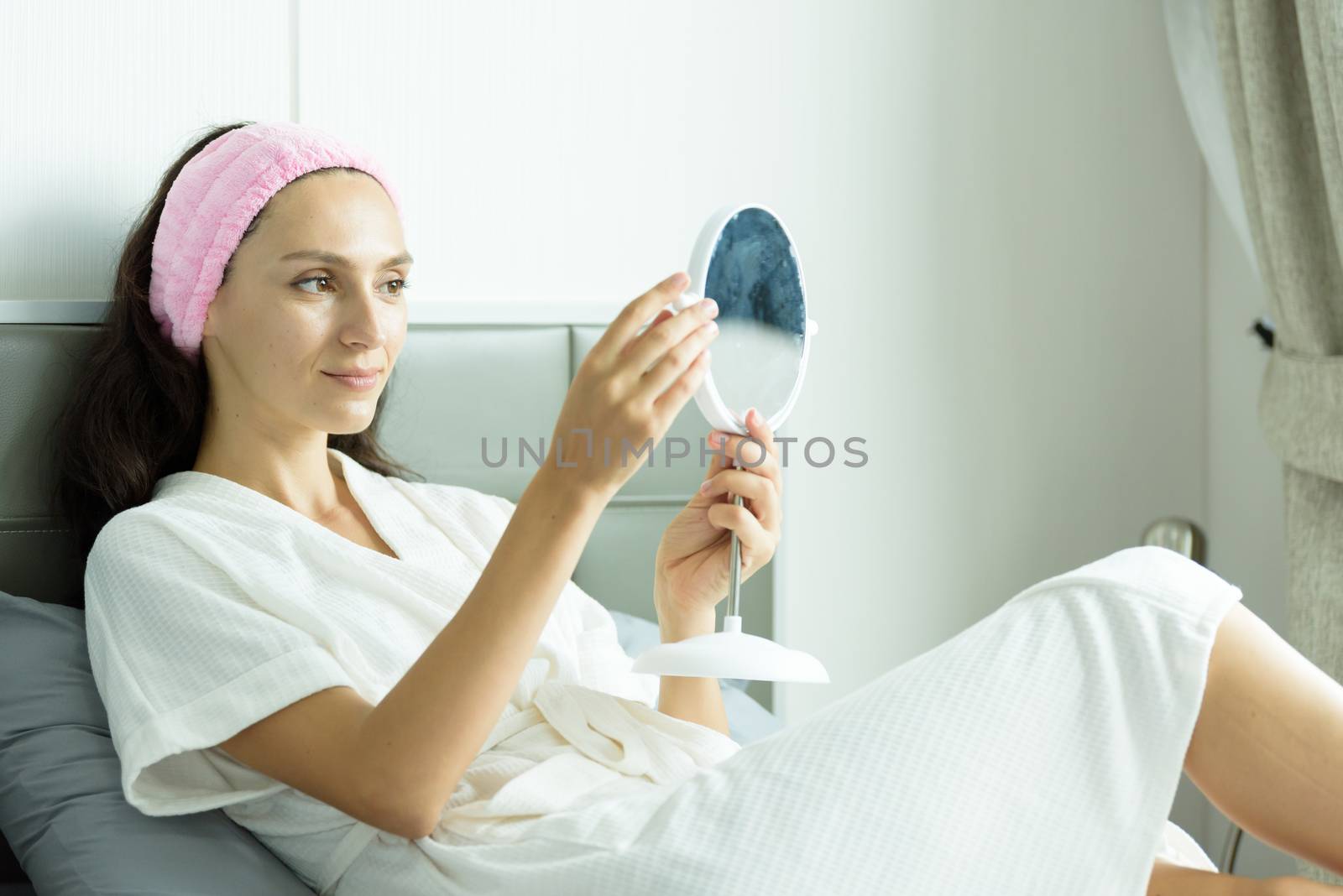 A beautiful woman wearing a towel and a white bathrobe and pink  by animagesdesign