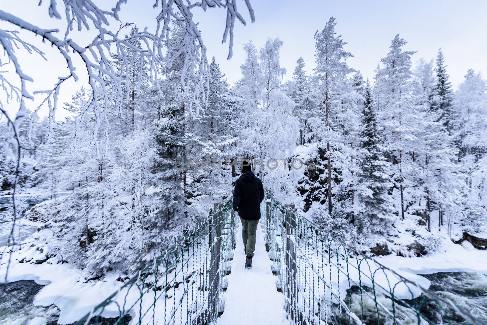 Tourist has walking alone in the forest with heavy snow covered  by animagesdesign