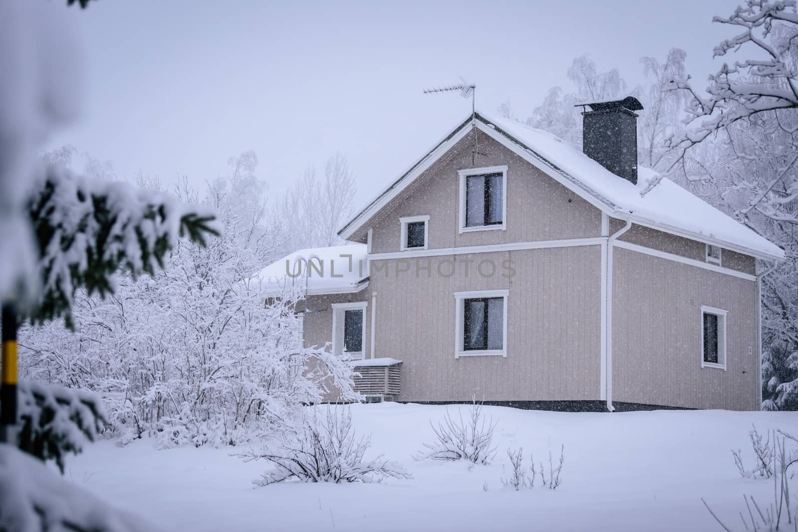 The house in the forest has covered with heavy snow and bad sky in winter season at Tuupovaara, Finland.