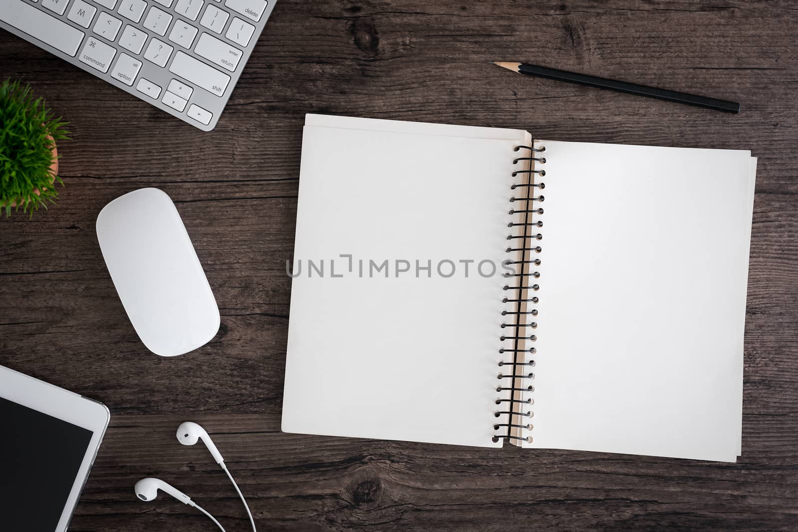 The office desk flat lay view with keyboard, mouse, tree, book, pencil and earphone on wood texture background.