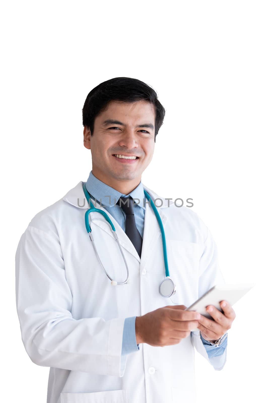 A senior doctor isolated has holding tablet isolated on white ba by animagesdesign