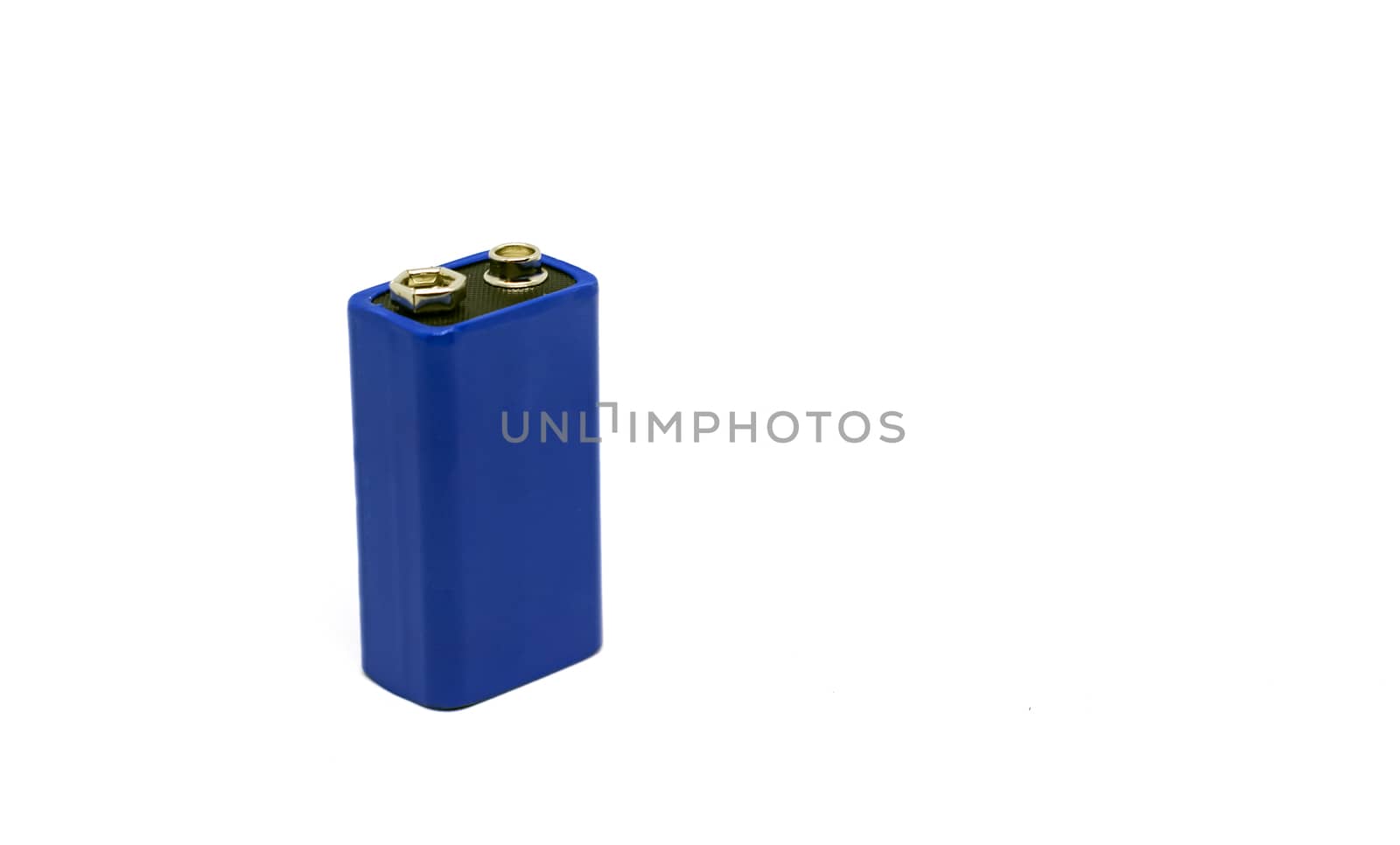 a blue 9 volt battery isolated on a white background. Power supply. Copy space. Environmental pollution