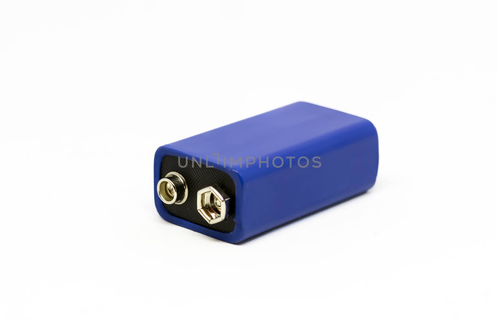 a blue 9 volt battery isolated on a white background. Power supply. Copy space. Environmental pollution