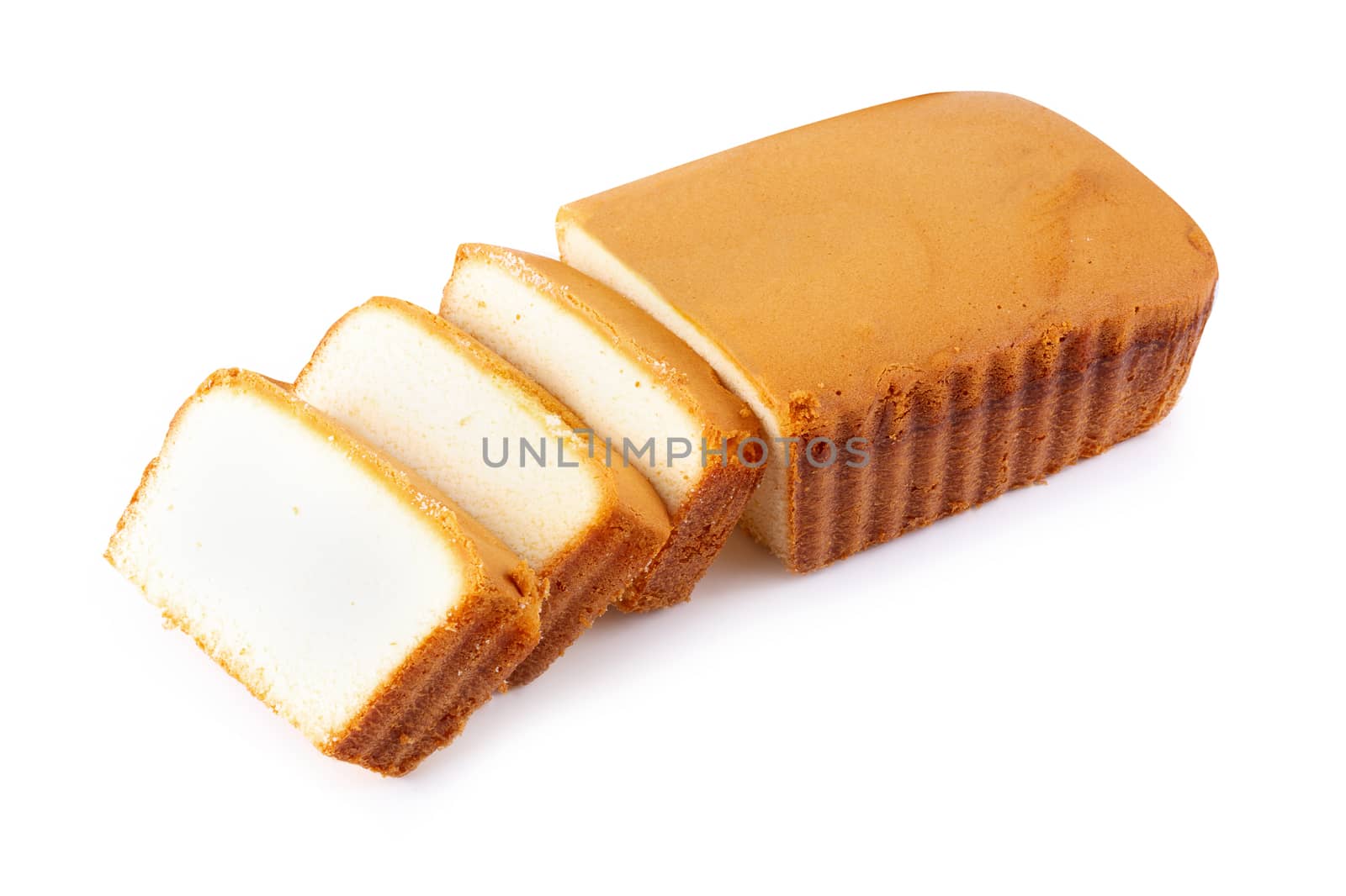 Sliced moist butter cake isolated over the white background.