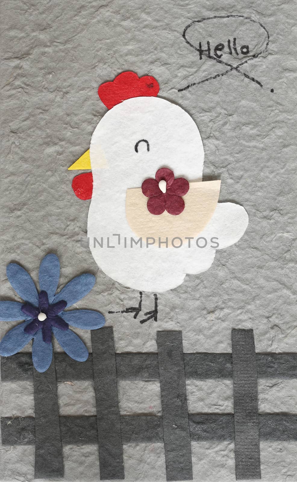 papercraft Chicken with flower grey background by piyato