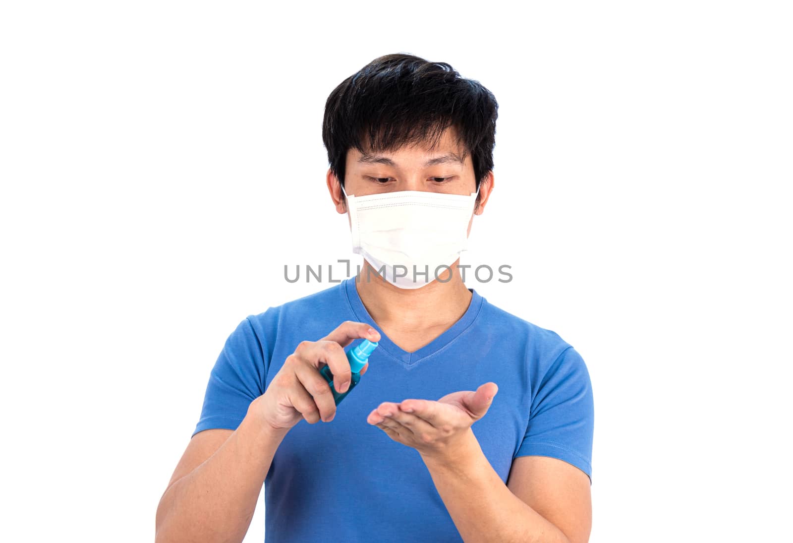 Asian young man in blue t-shirt top with medical mask and hand c by animagesdesign