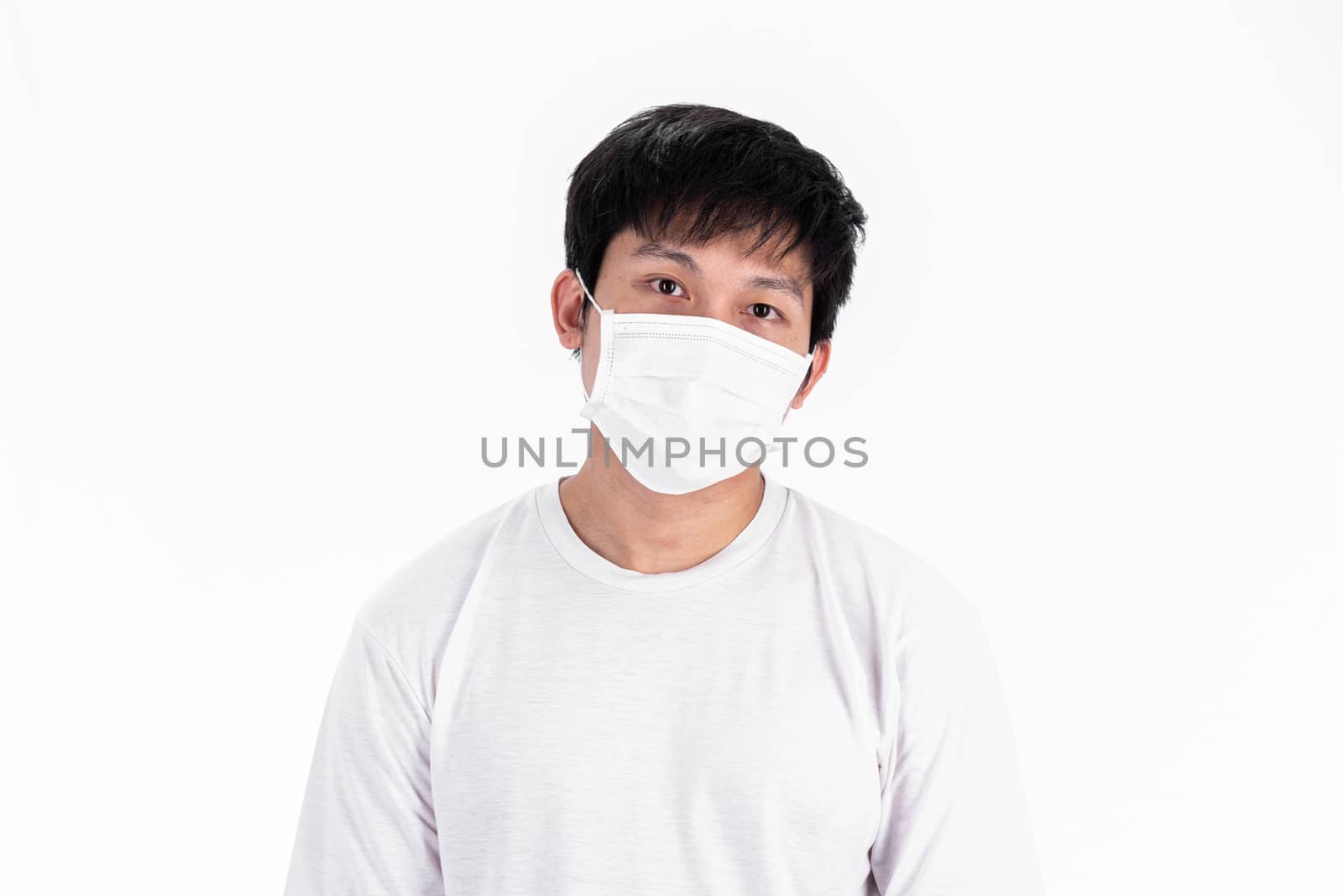 Asian young man in white shirt and medical mask to protect COVID-19 with isolated on white background concept.