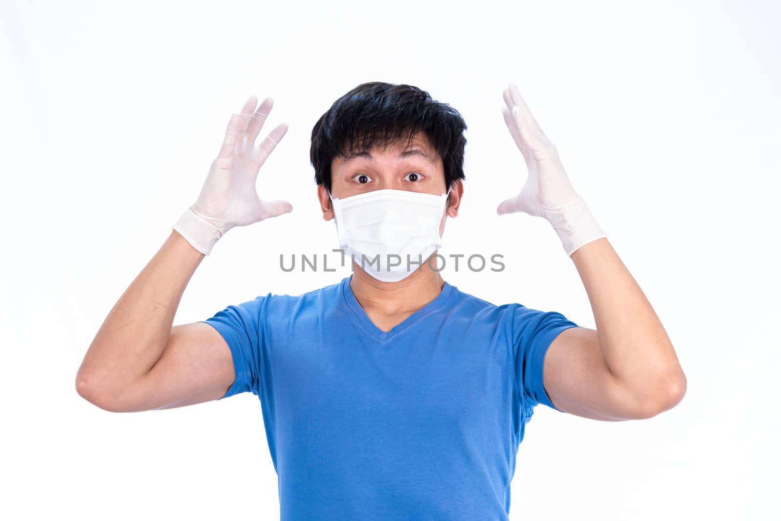 Asian young man in blue t-shirt top with medical mask and latex gloves to protect COVID-19 with isolated on white background concept.