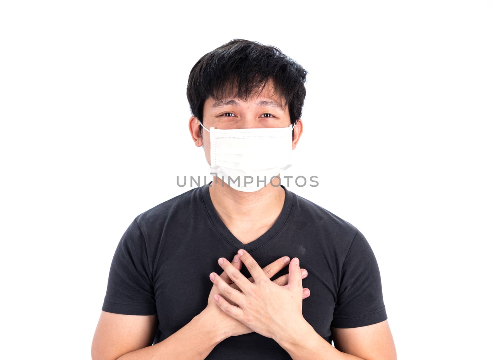 Asian young man in black shirt and medical mask to protect COVID-19 with isolated on white background concept.