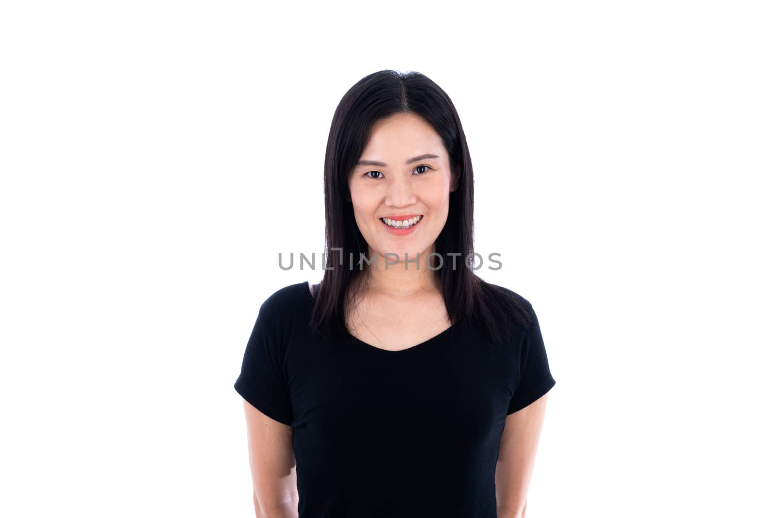 A beautiful Asian Thai woman smiling and happy isolated on white background.
