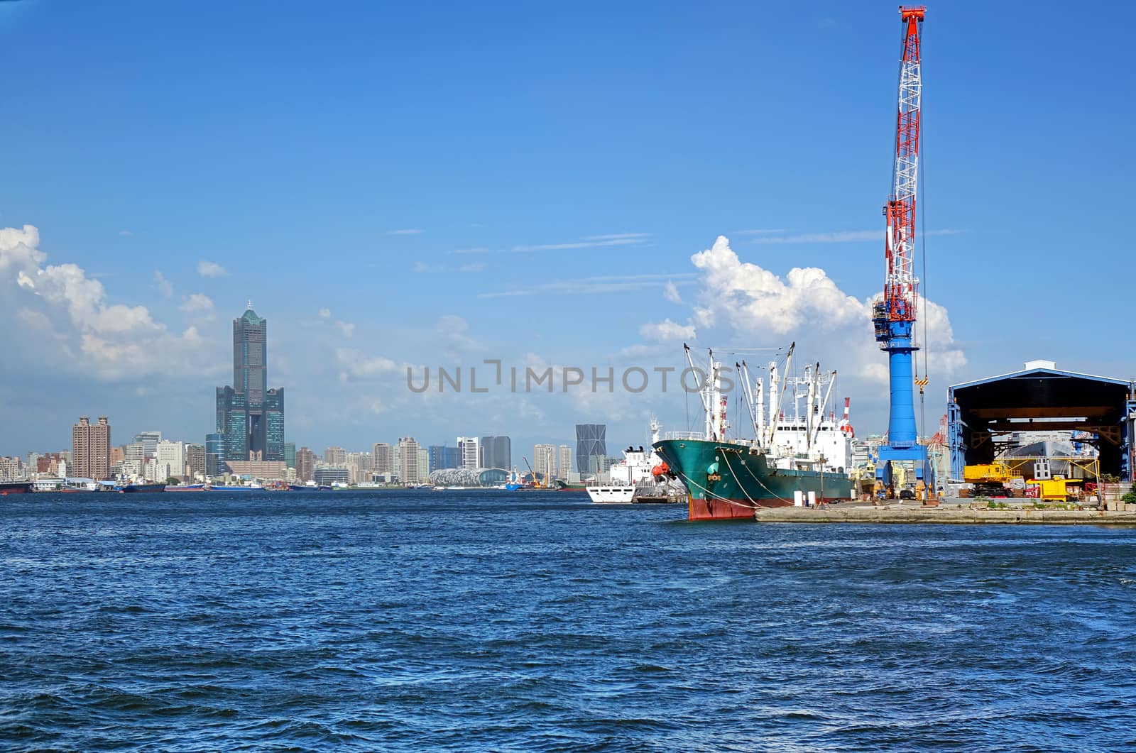 The skyline of Kaohsiung City in Taiwan seen from the water