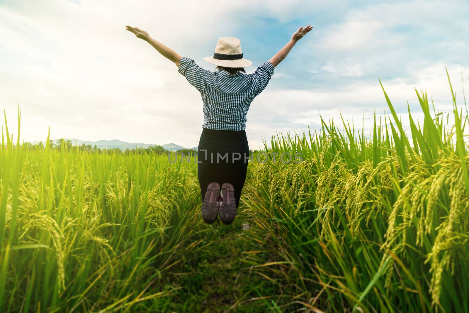 peasant woman jump with joy as the rice product grows