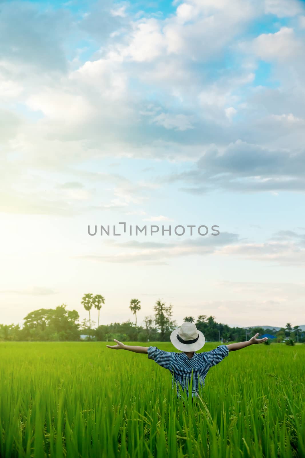 Behind the farmer woman's hands raised in the sky in a field with sky background