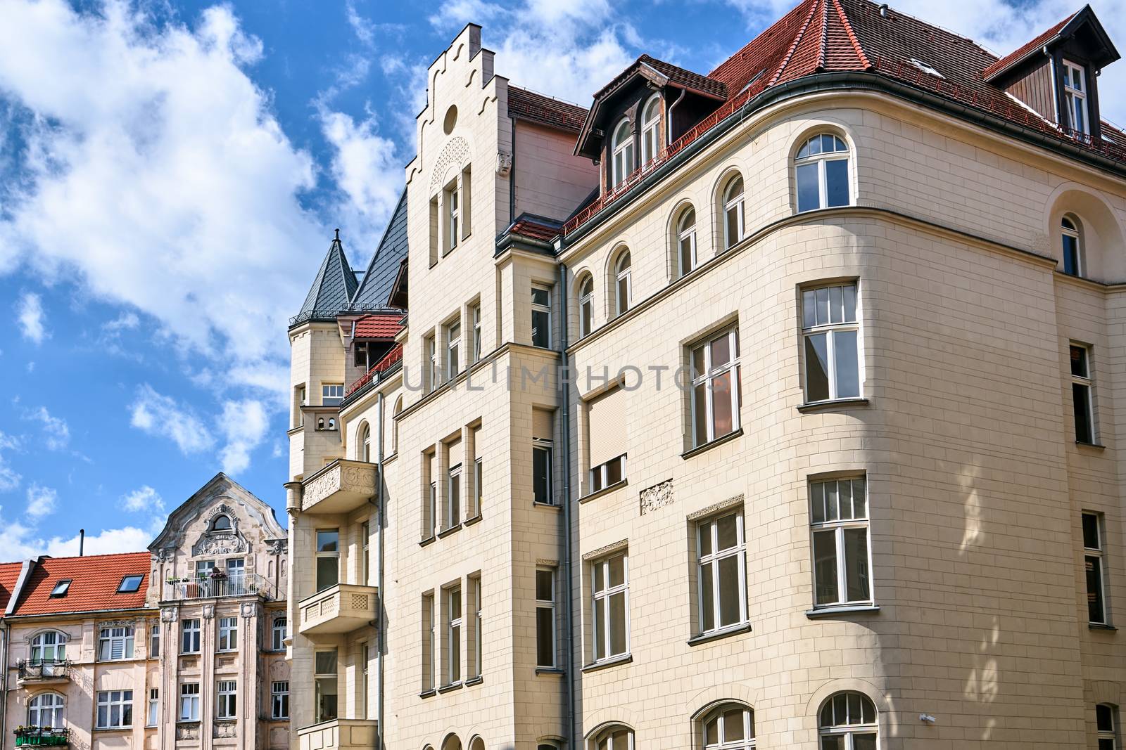 A street with historic, Art Nouveau tenement houses in the city of Poznan