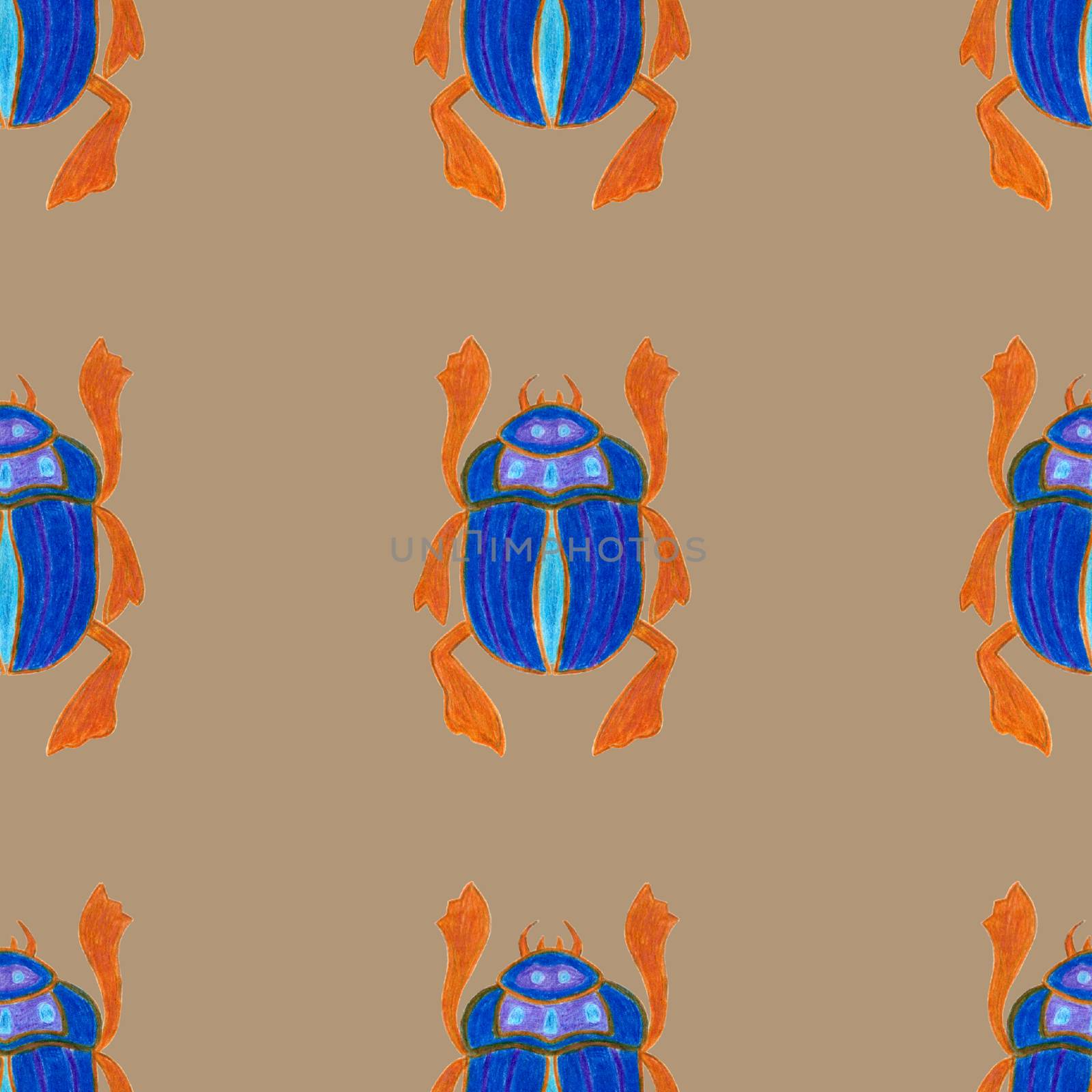 Blue scarab isolated on beige background. Seamless pattern with Bug insect, Beetles. Design for wrapping paper, cover, greeting card, wallpaper, fabric by sshisshka