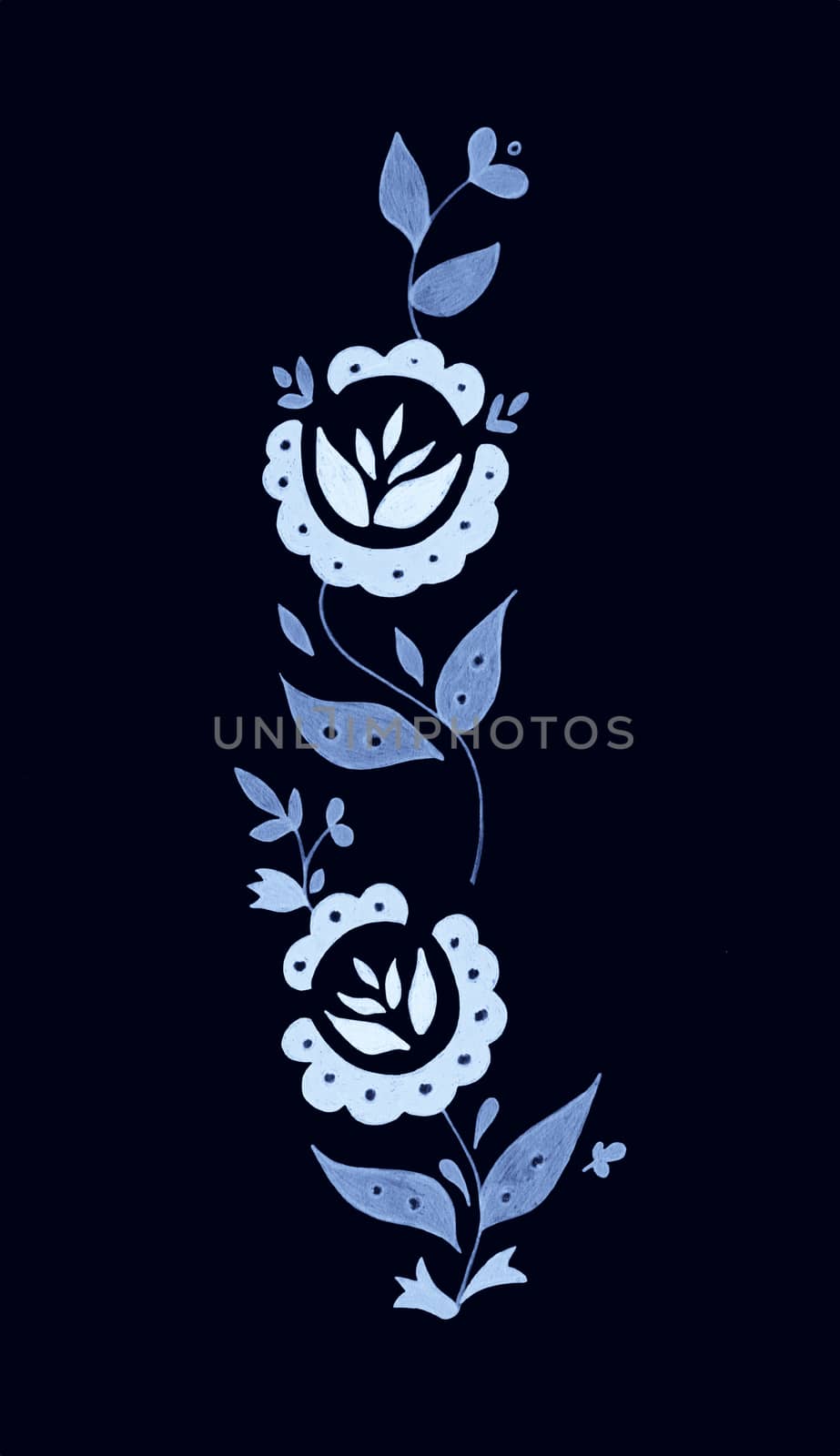 Decorative composition of abstract doodle flowers and leaves. Floral motif illustration. Design element. Hand drawn vertical ornament isolated on white background by sshisshka