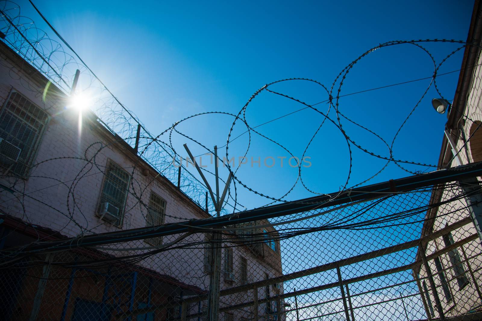 Barbed fence around prison walls by grigorenko
